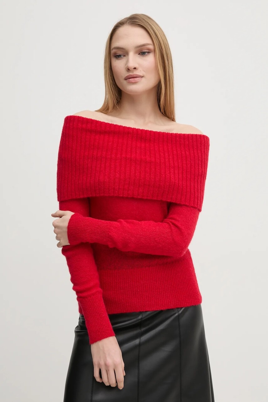 Sveter s prímesou vlny Sisley dámsky, červená farba, tenký, s rolákom, 1026M201Z