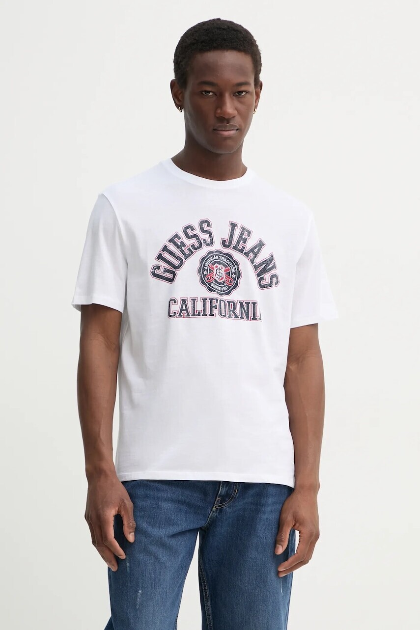 Bavlnené tričko Guess Jeans pánske, biela farba, s potlačou, M5RI80 K8HM0