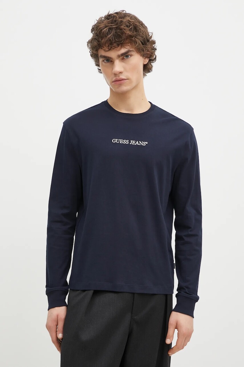 Bavlnené tričko s dlhým rukávom Guess Jeans tmavomodrá farba, s nášivkou, M5RI84 K8HM0