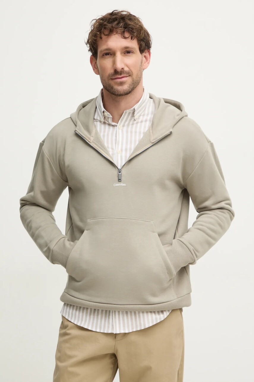 Mikina Calvin Klein pánska, béžová farba, s kapucňou, jednofarebná, K10K113762