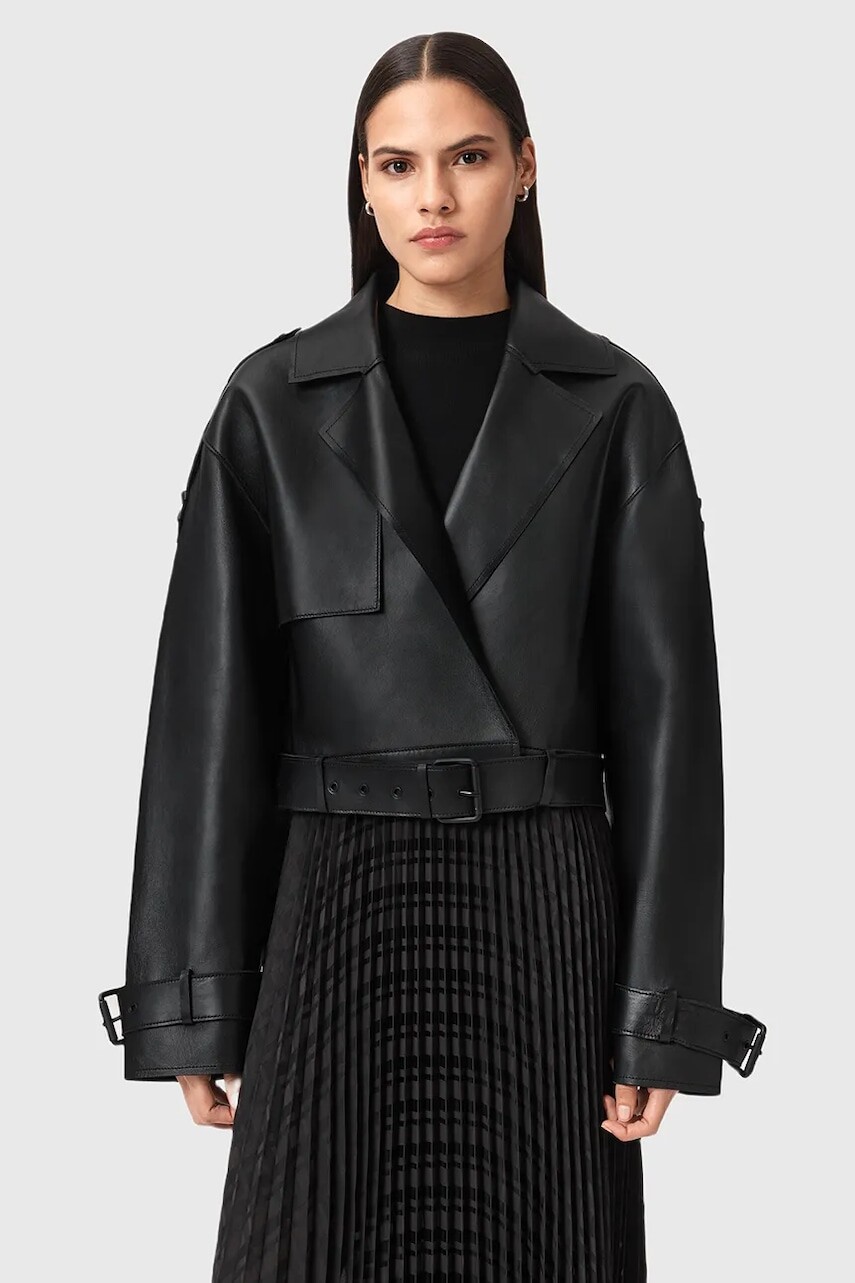 Kožená bunda AllSaints OPHELIA zelená farba, prechodná, oversize, W045LB