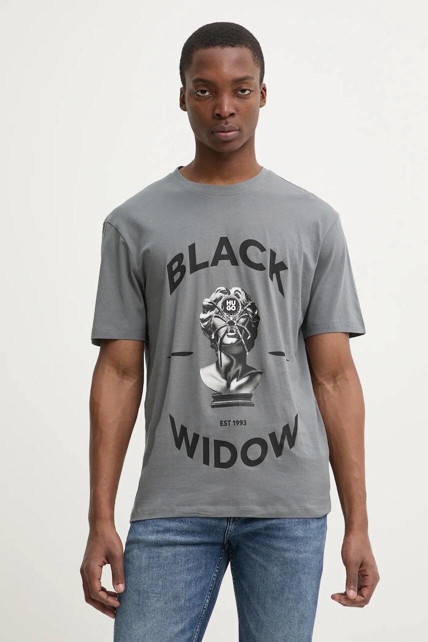 Bavlnené tričko HUGO pánske, šedá farba, s potlačou, 50530684