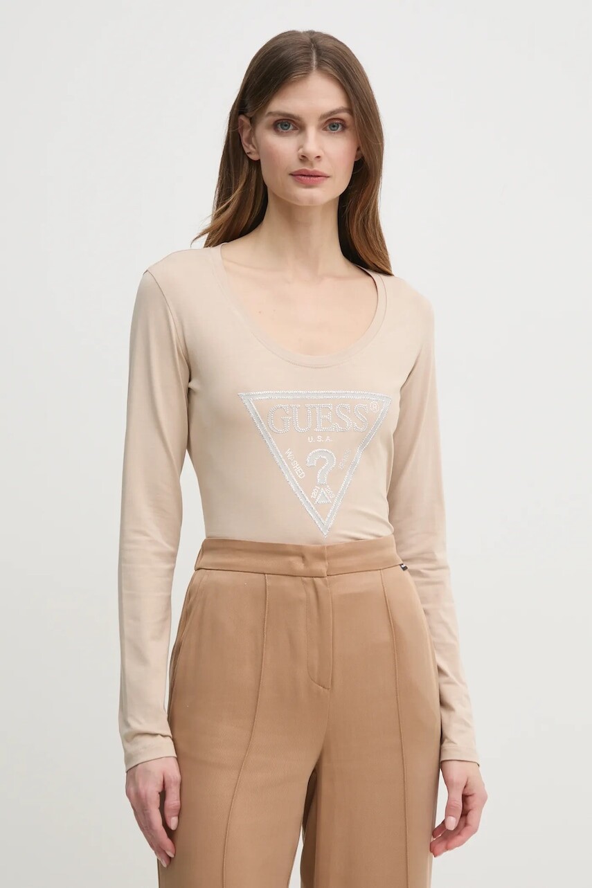 Tričko s dlhým rukávom Guess dámske, béžová farba, W5RI65 J1314