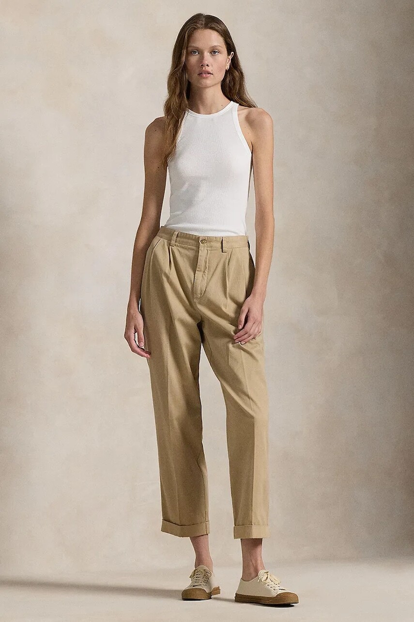 Bavlnené nohavice Polo Ralph Lauren béžová farba, široké, stredne vysoký pás, 211909520