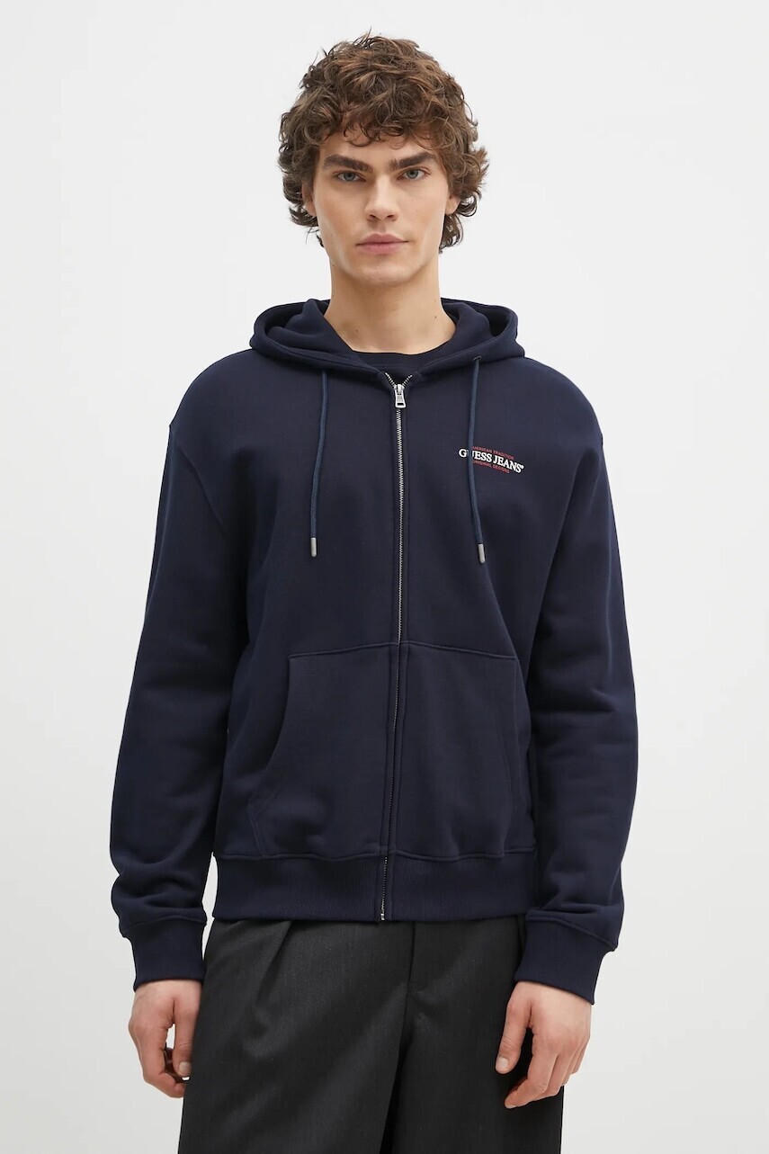 Bavlnená mikina Guess Jeans pánska, tmavomodrá farba, s kapucňou, s potlačou, M5RQ45 KCPR1