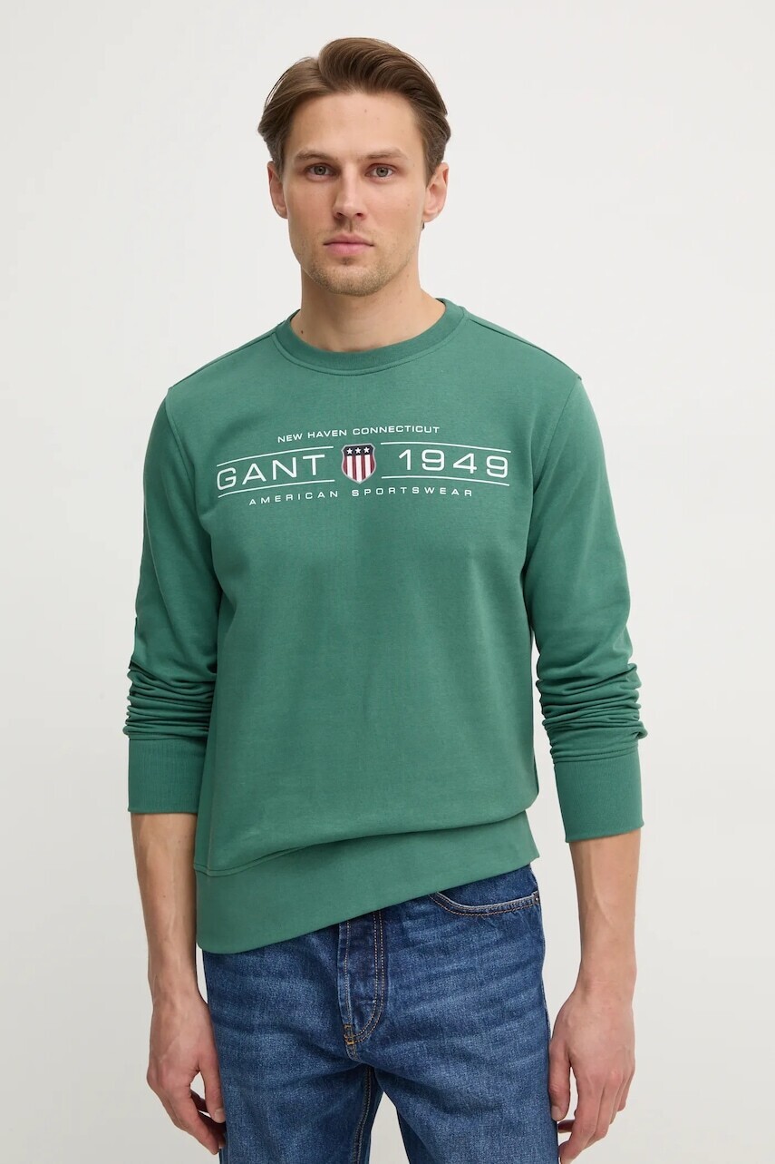 Mikina Gant pánska, zelená farba, s potlačou, 2044016