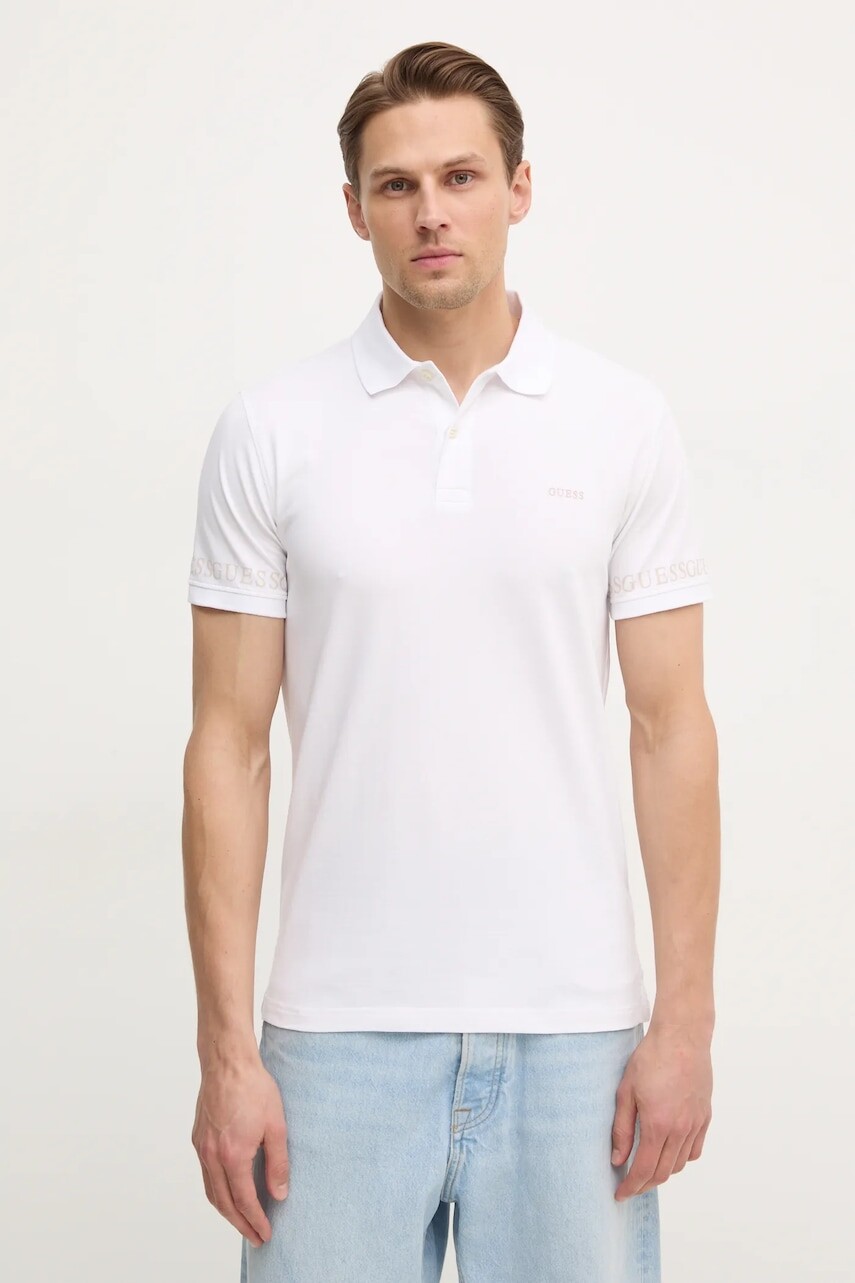 Polo tričko Guess NOLAN pánske, biela farba, s potlačou, M5RP66 J1314