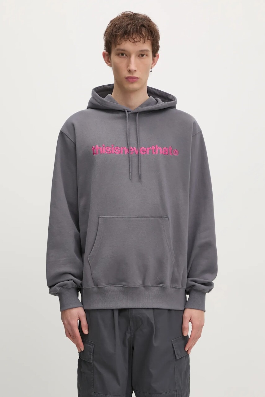 Bavlnená mikina thisisneverthat T-Logo Hoodie pánska, šedá farba, s kapucňou, s nášivkou, TN243TSWHO01