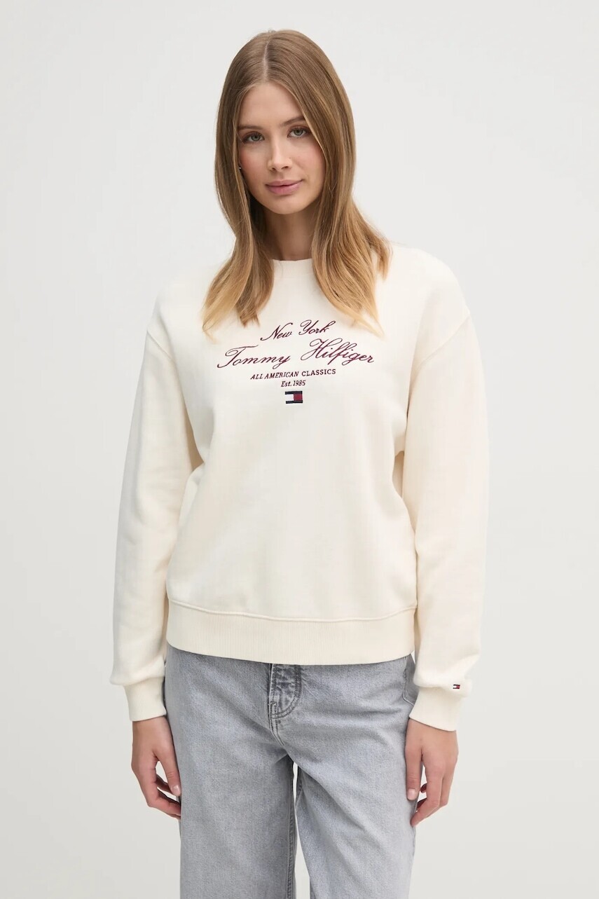 Mikina Tommy Hilfiger dámska, béžová farba, s nášivkou, WW0WW43844