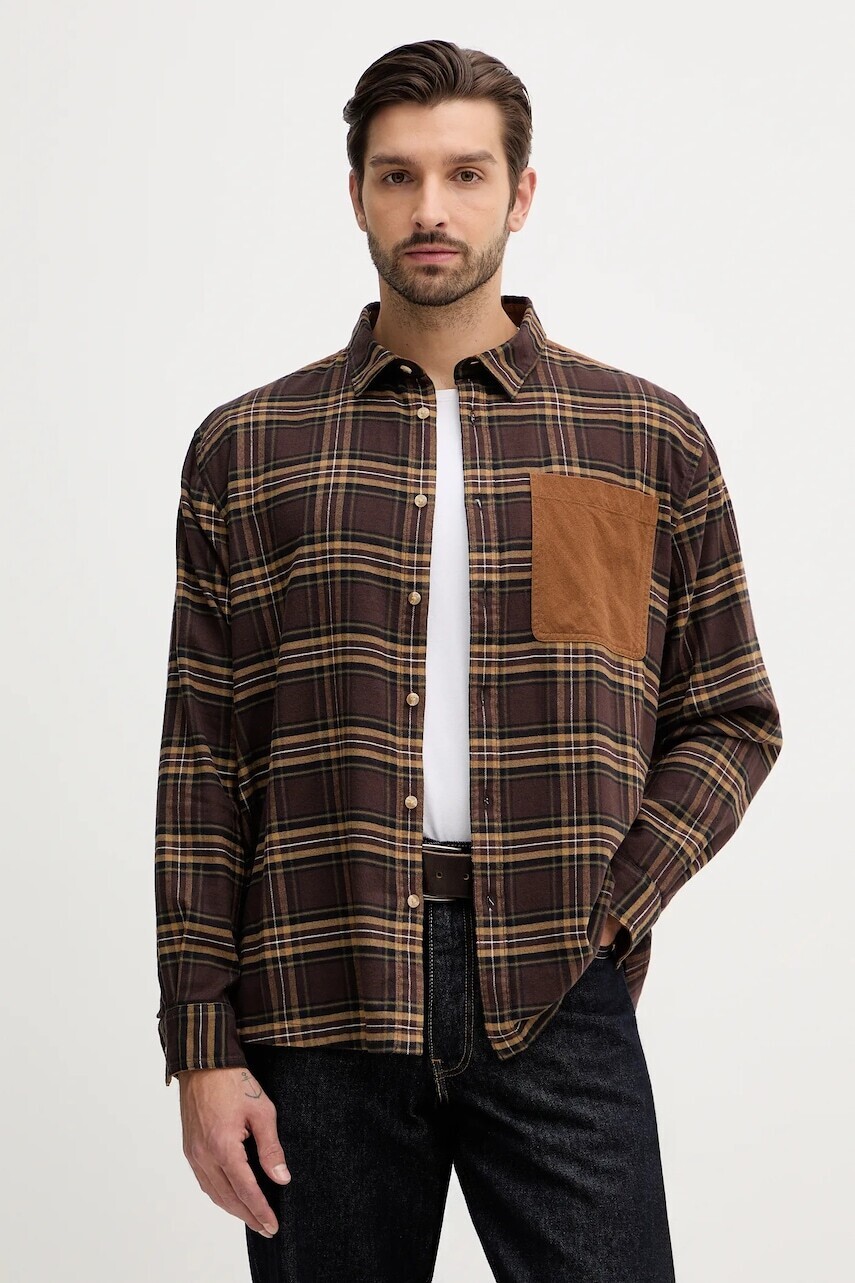 Bavlnená košeľa Barbour Wolfwood OS Checked Shirt pánska, hnedá farba, regular, s klasickým golierom, MSH5508