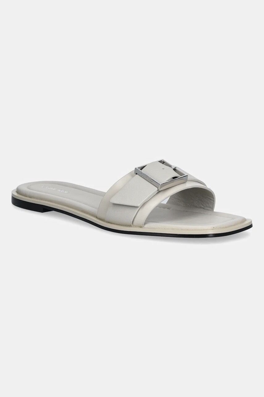 Kožené šľapky Calvin Klein FLAT SLIDE W/BUCKLE - LTH dámske, béžová farba, HW0HW02490