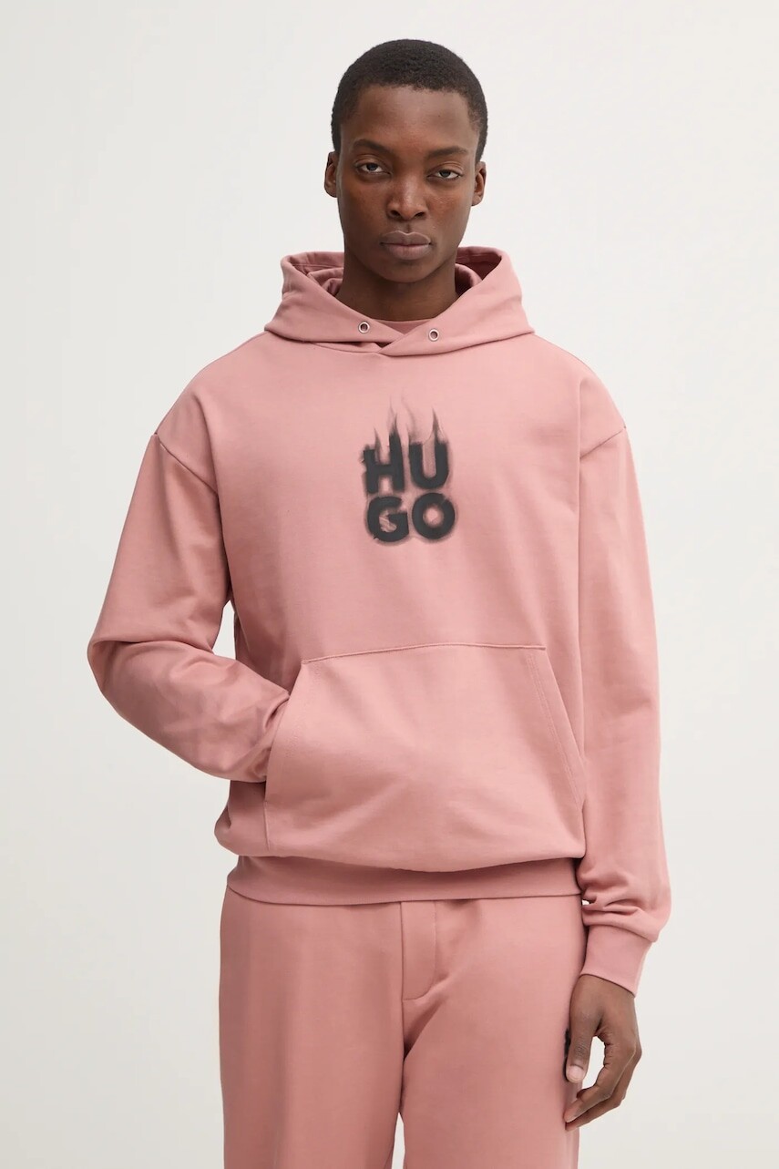 Bavlnená mikina HUGO pánska, ružová farba, s kapucňou, s potlačou, 50530428