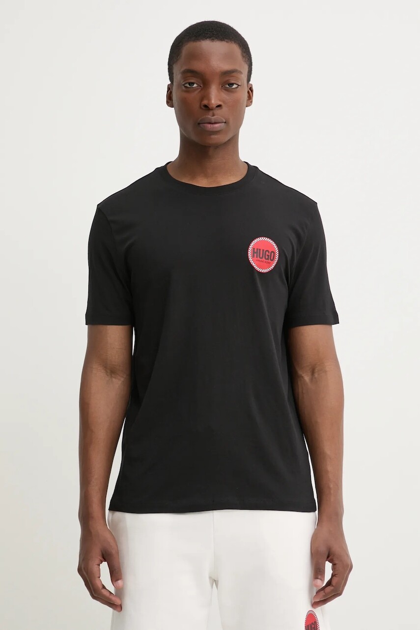 Bavlnené tričko HUGO pánske, čierna farba, s potlačou, 50530641