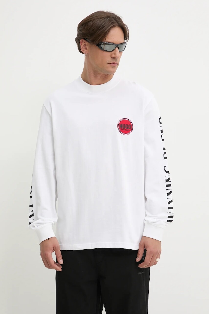 Tričko s dlhým rukávom HUGO pánske, biela farba, s potlačou, 50531250