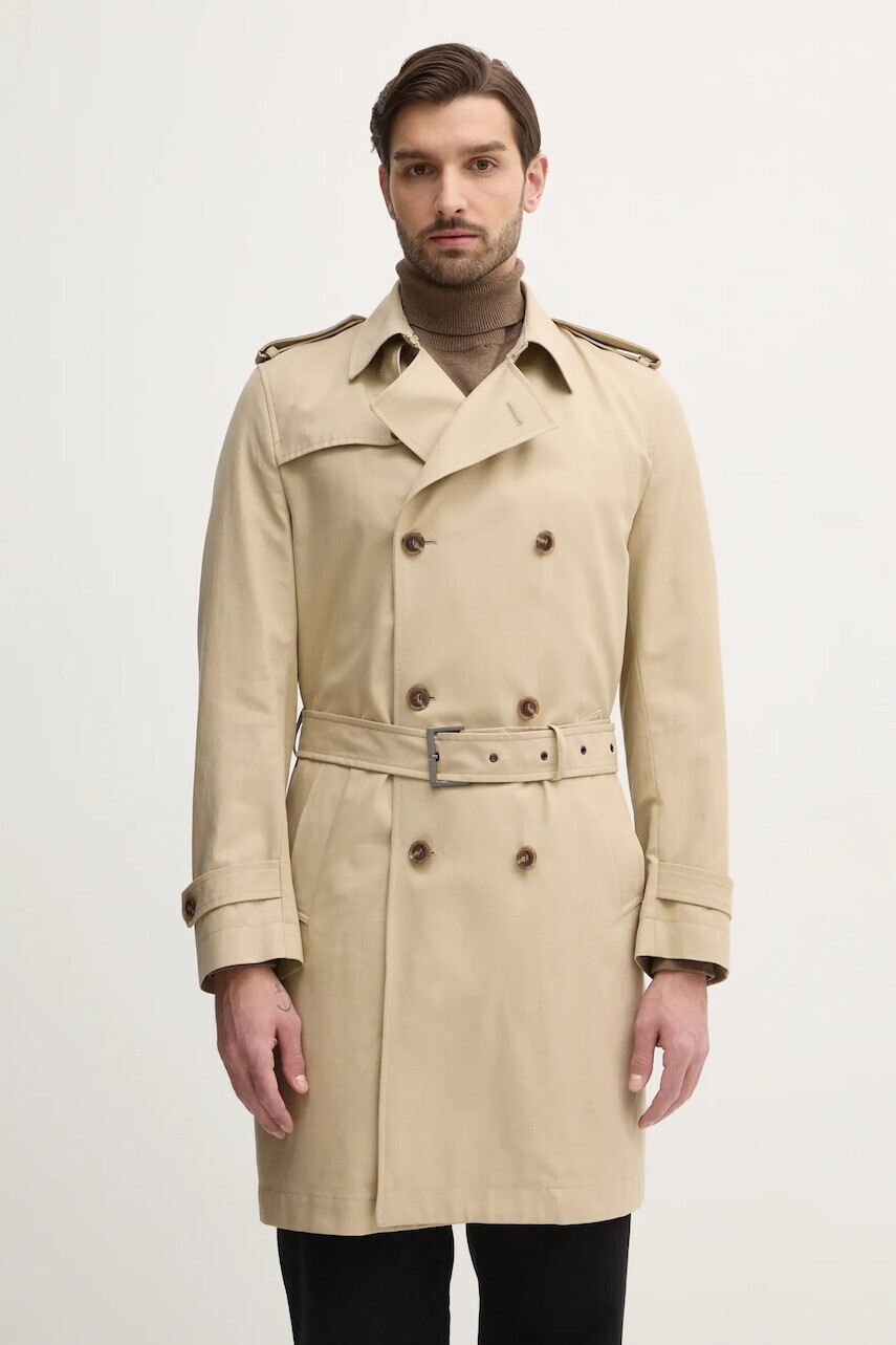 Trenčkot BOSS pánsky, béžová farba, prechodný, dvojradový, 50534911