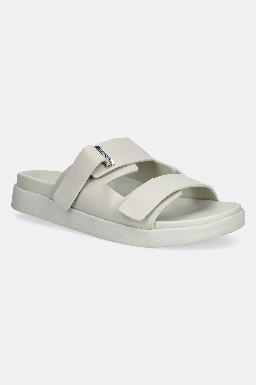 Kožené šľapky Calvin Klein FLAT ADJ SLIDE EYELET dámske, béžová farba, HW0HW02489