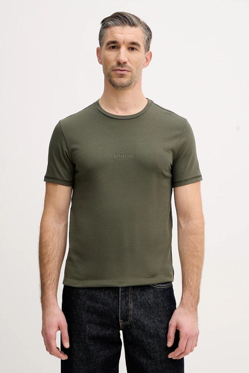 Bavlnené tričko Guess AIDY pánske, oranžová farba, s nášivkou, M2YI72 I3Z14