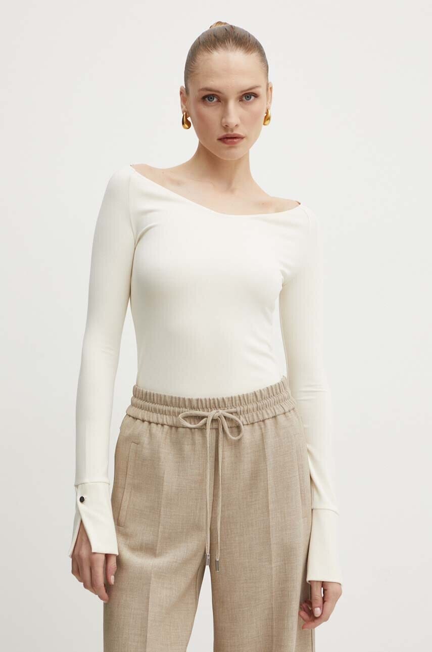 Tričko s dlhým rukávom BOSS dámske, béžová farba