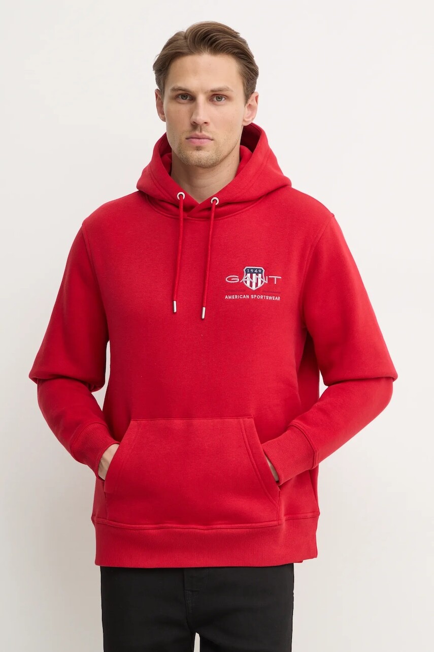 Mikina Gant pánska, červená farba, s kapucňou, s nášivkou