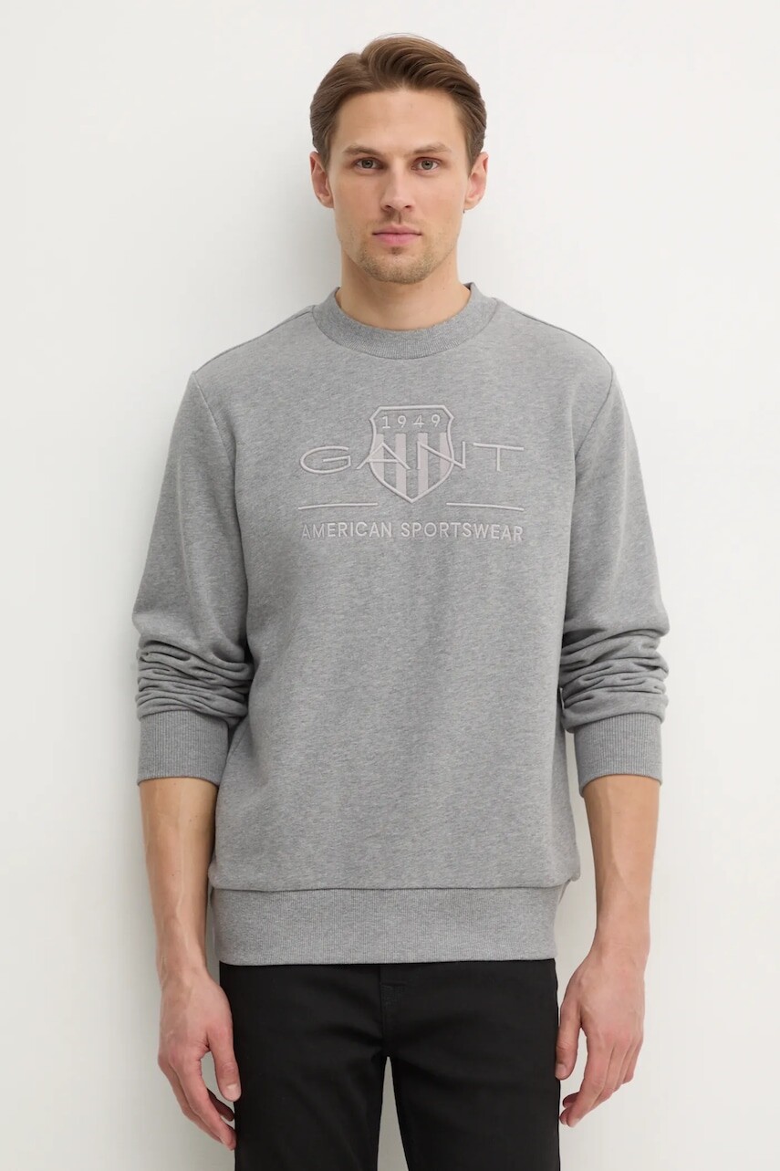 Bavlnená mikina Gant pánska, šedá farba, s nášivkou
