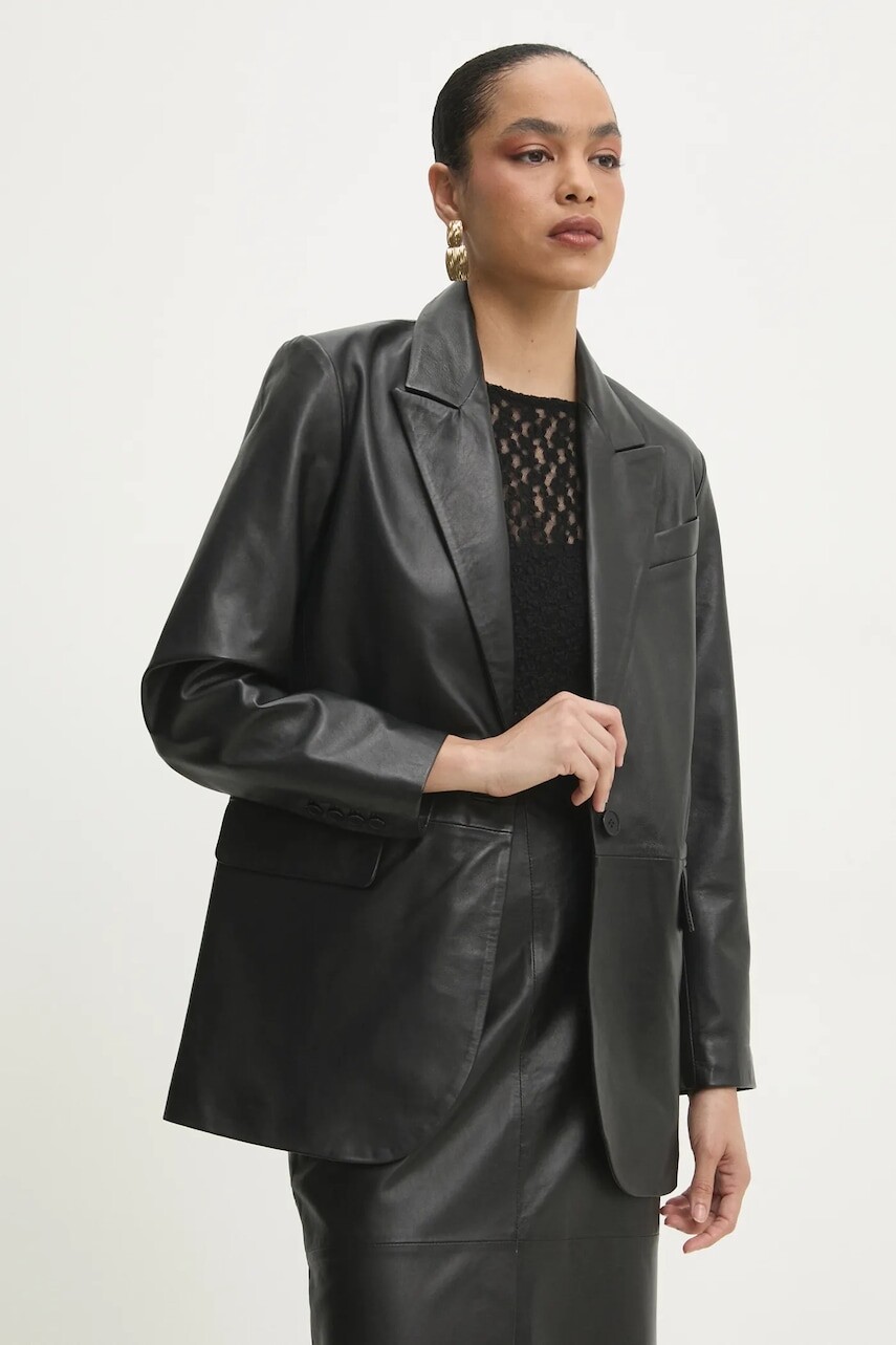 Kožené sako Answear.LAB čierna farba, jednoradové, jednofarebné