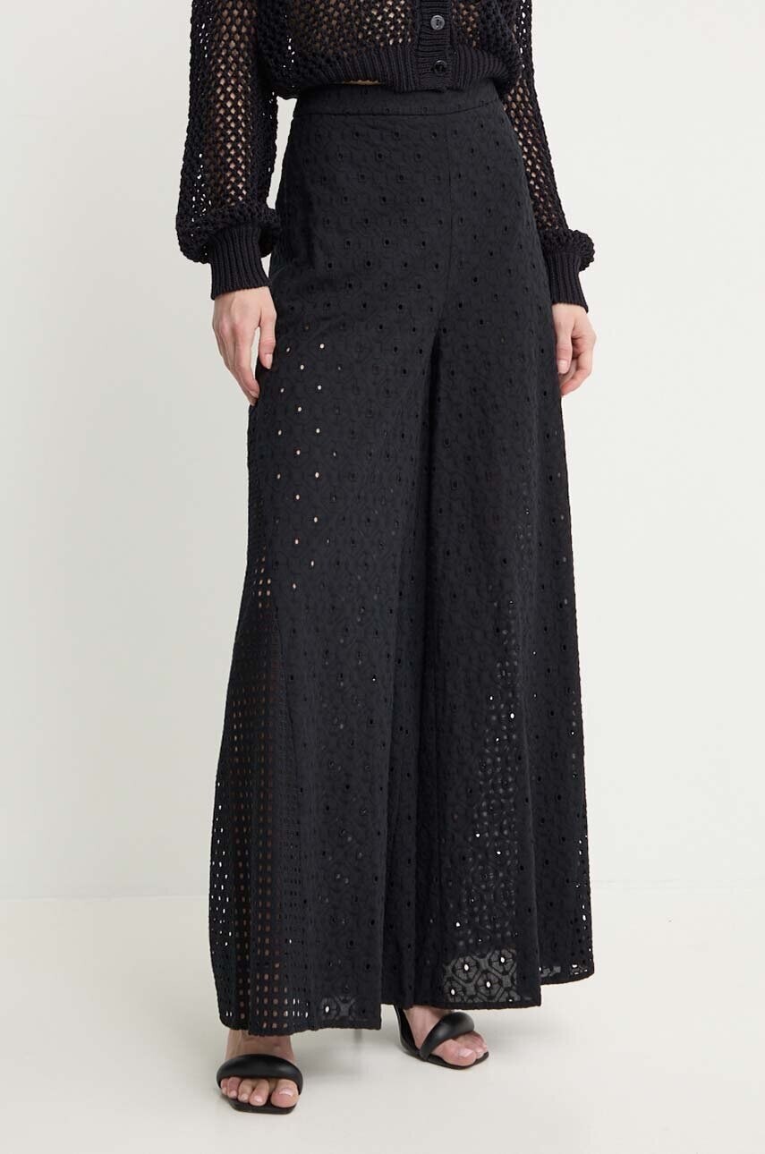 Bavlnené nohavice Twinset čierna farba, široké, vysoký pás