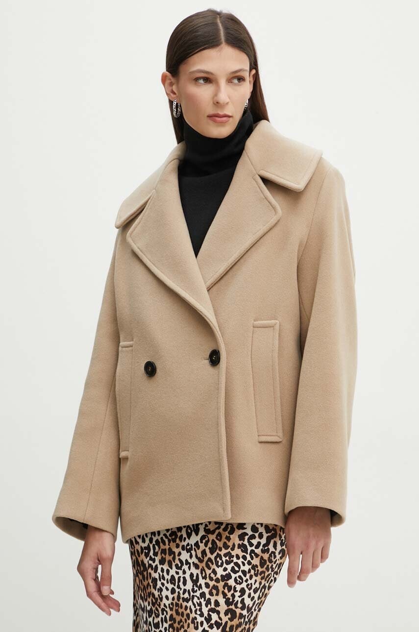 Vlnený kabát IRO béžová farba, prechodný, dvojradový, WP137HELIA