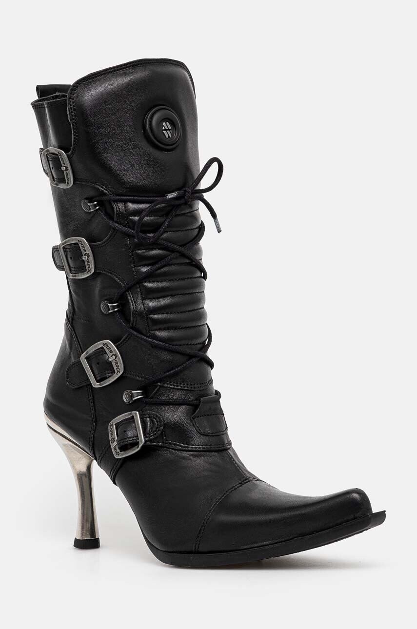 Kožené členkové topánky New Rock ITALI NEGRO FINO + MALICIA TACON CARIBE ACERO dámske, čierna farba, na vysokom podpätku, M-9373-S8