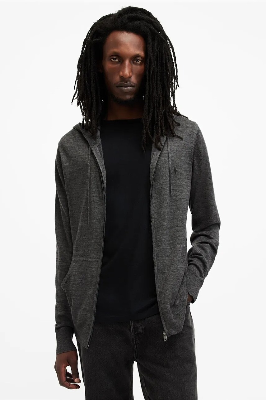 Vlnená mikina AllSaints MODE MERINO ZIP HOOD šedá farba, s kapucňou, melanžová, M084KB