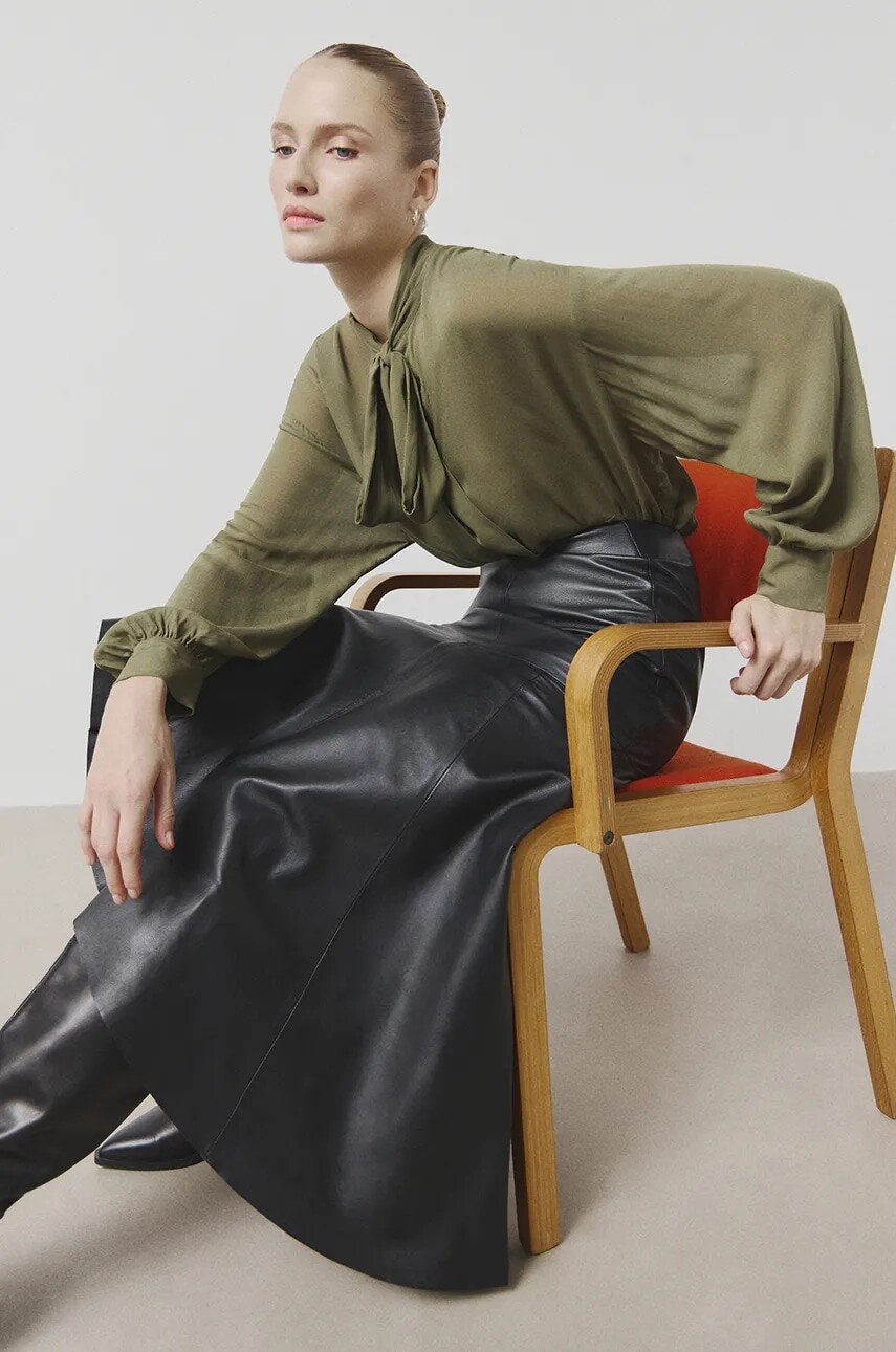 Košeľa Answear.LAB dámska, zelená farba, voľný strih, s viazaním vo výstrihu