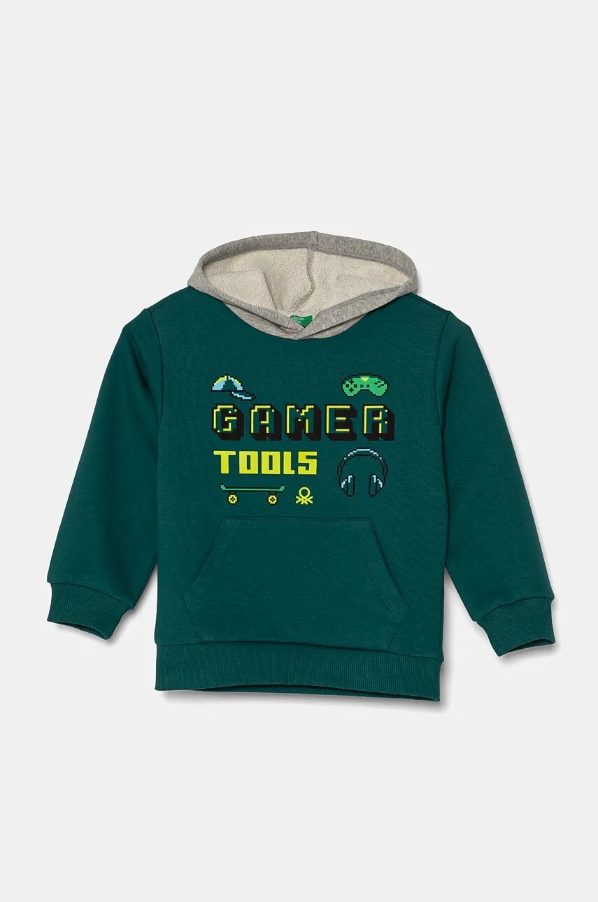 Mikina pre bábätká United Colors of Benetton zelená farba, s kapucňou, s potlačou, 3PANG2010