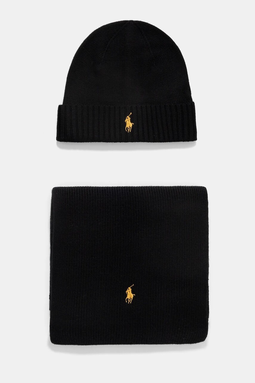 Vlnená čiapka a šál Polo Ralph Lauren čierna farba, 710951146