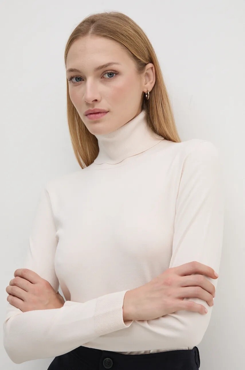 Sveter Sisley dámsky, béžová farba, tenký, s rolákom, 17Q3M2178