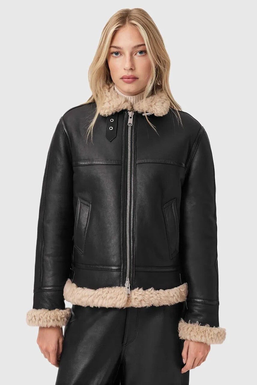 Kožená bunda AllSaints LOREL čierna farba, W069LB