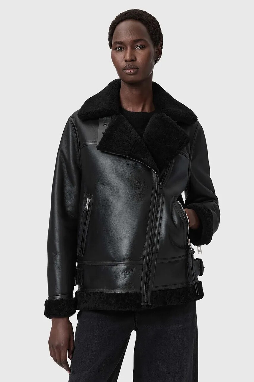 Kožená bunda AllSaints SOLA čierna farba, W120LB