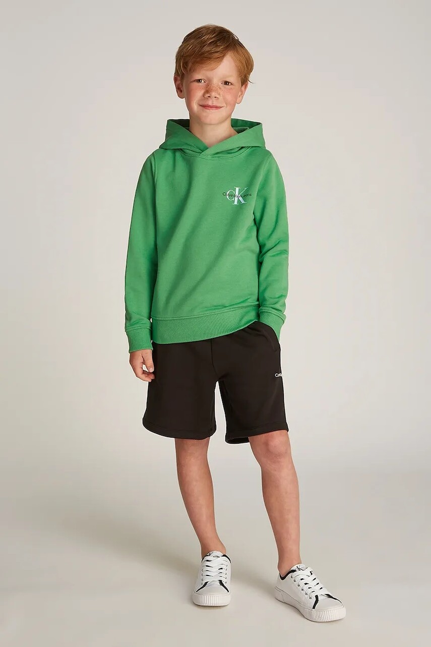 Detská bavlnená mikina Calvin Klein Jeans 0 zelená farba, s kapucňou, s potlačou, IU0IU00266