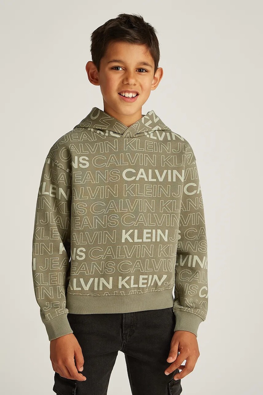 Detská bavlnená mikina Calvin Klein Jeans 0 zelená farba, s kapucňou, vzorovaná, IB0IB02381