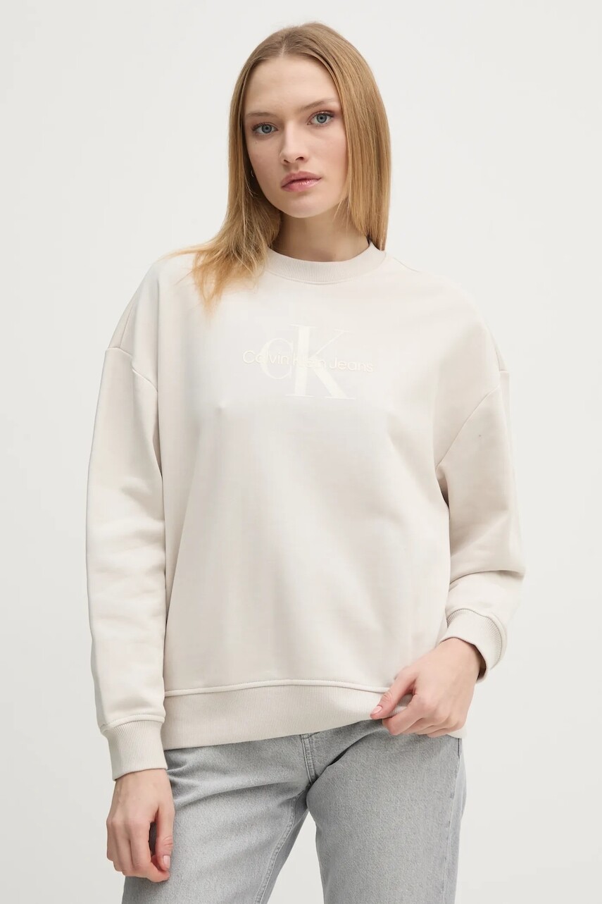 Bavlnená mikina Calvin Klein Jeans dámska, béžová farba, s potlačou, J20J224724