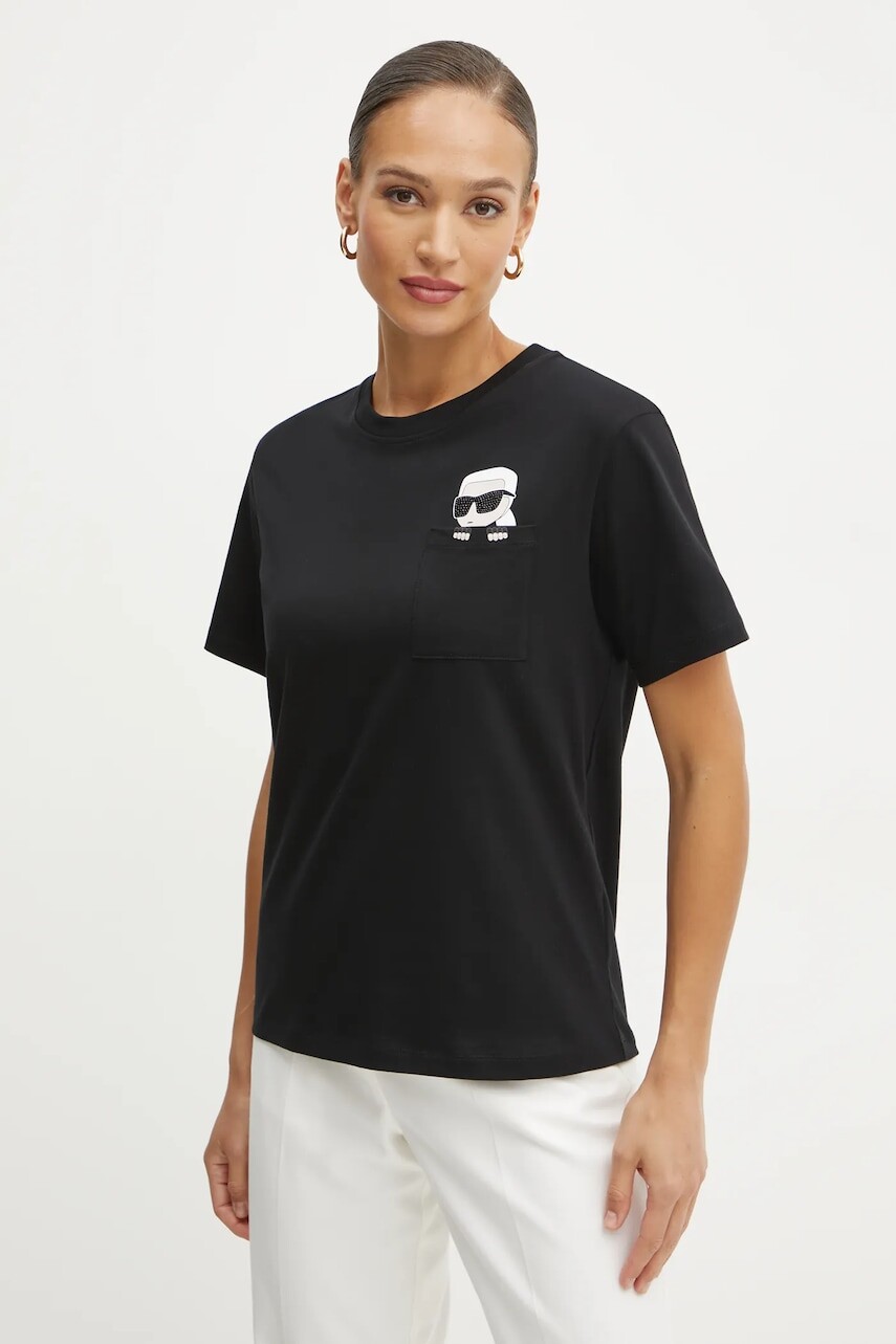 Bavlnené tričko Karl Lagerfeld IKON dámske, čierna farba, A1W17100