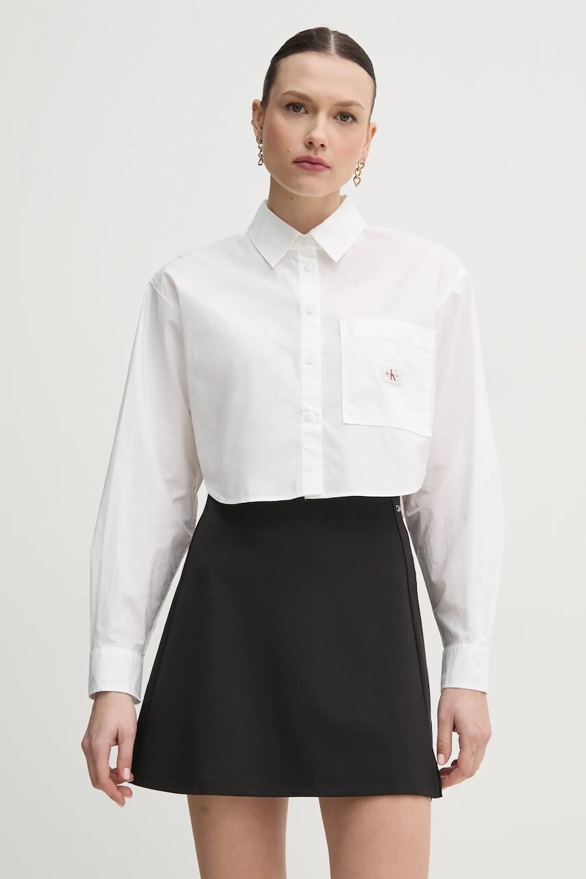 Bavlnená košeľa Calvin Klein Jeans dámska, biela farba, voľný strih, s klasickým golierom, J20J225078