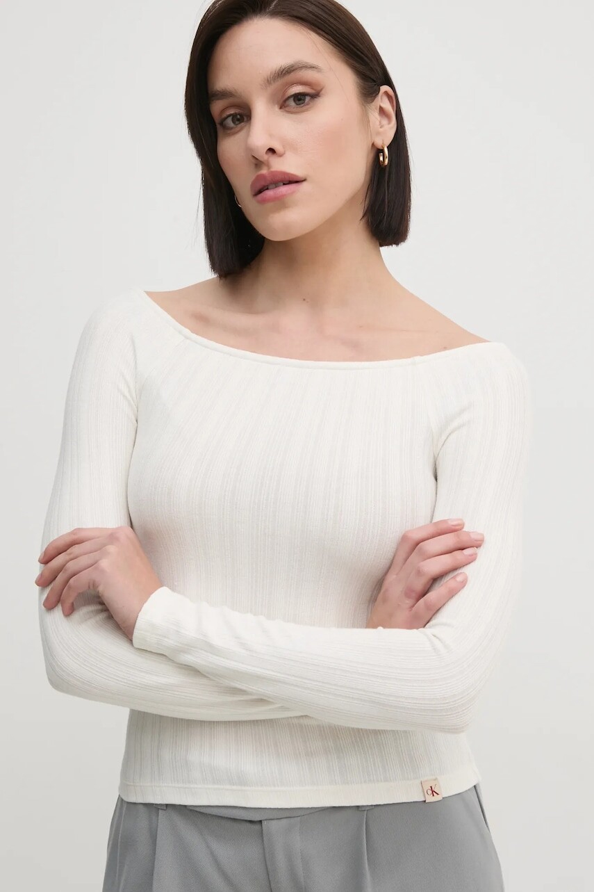 Tričko s dlhým rukávom Calvin Klein Jeans dámske, béžová farba, J20J224992