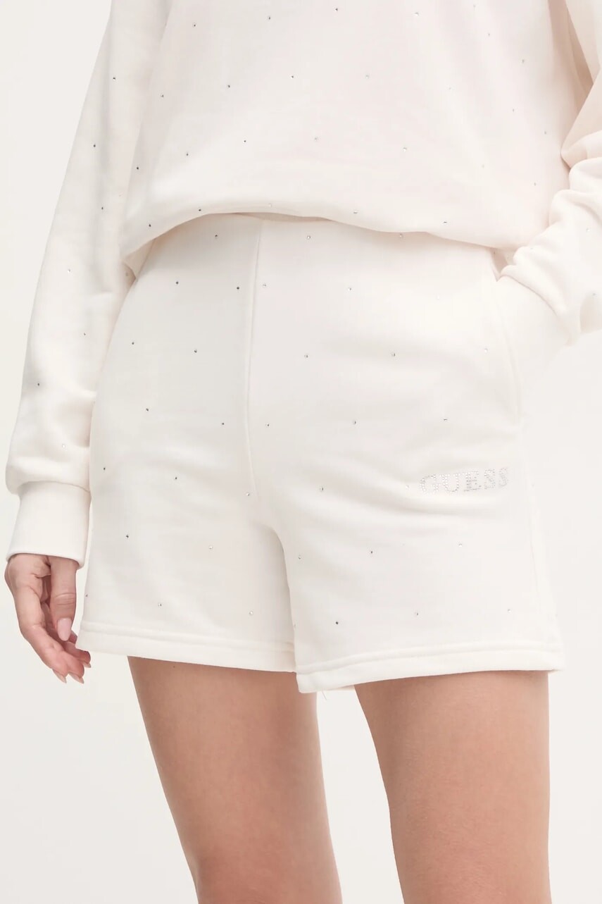 Šortky Guess RHINESTONES dámske, béžová farba, s nášivkou, vysoký pás, V5RD03 KCLJ0