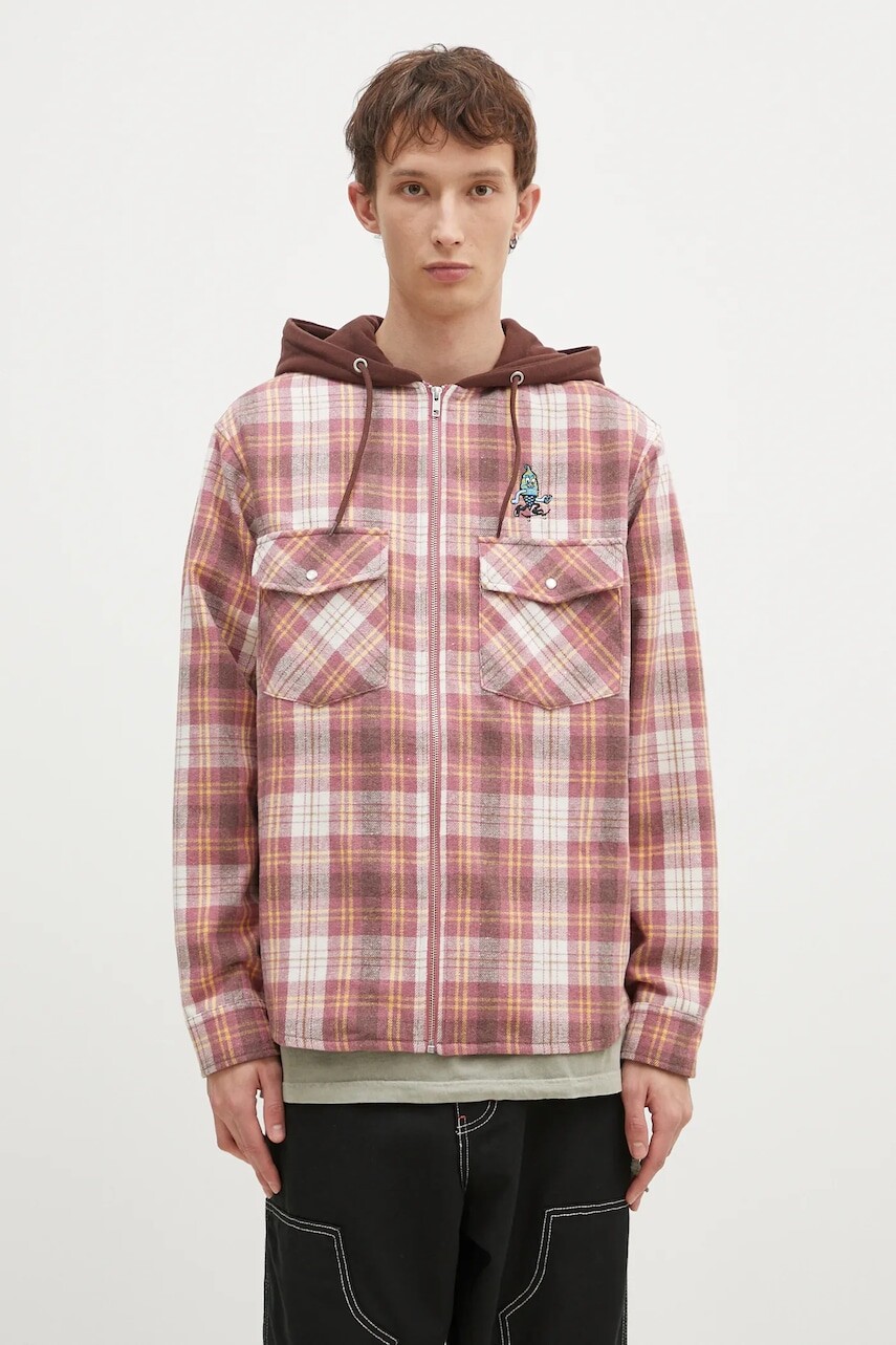 Košeľa s prímesou vlny ICECREAM Hooded Flannel Zip Through hnedá farba, voľný strih, IC24435