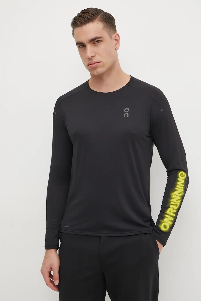 Bežecké tričko s dlhým rukávom On Performance čierna farba, s potlačou, 1ME30210553