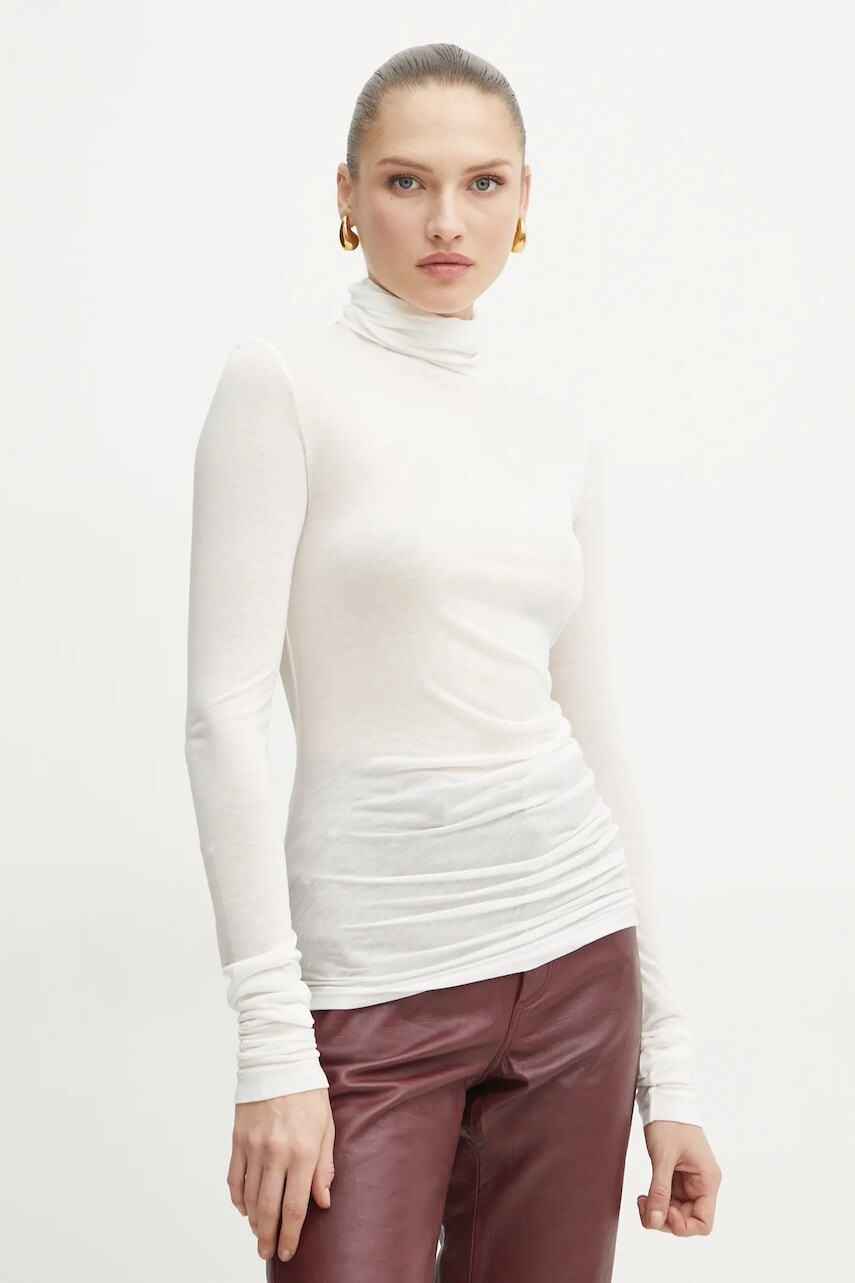 Tričko s dlhým rukávom s prímesou vlny MAX&Co. béžová farba, s rolákom, 2516941041200