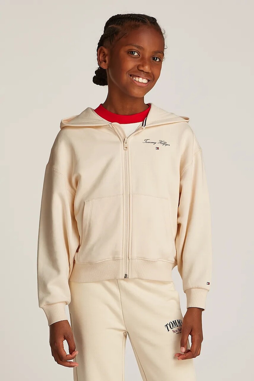 Detská mikina Tommy Hilfiger béžová farba, s kapucňou, jednofarebná, KG0KG08318