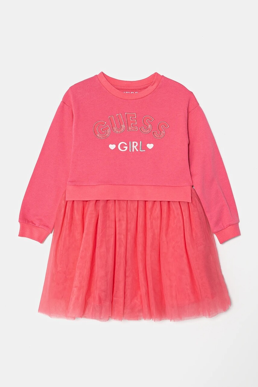 Dievčenské bavlnené šaty Guess ružová farba, mini, áčkový strih, K5RK05 K82T0