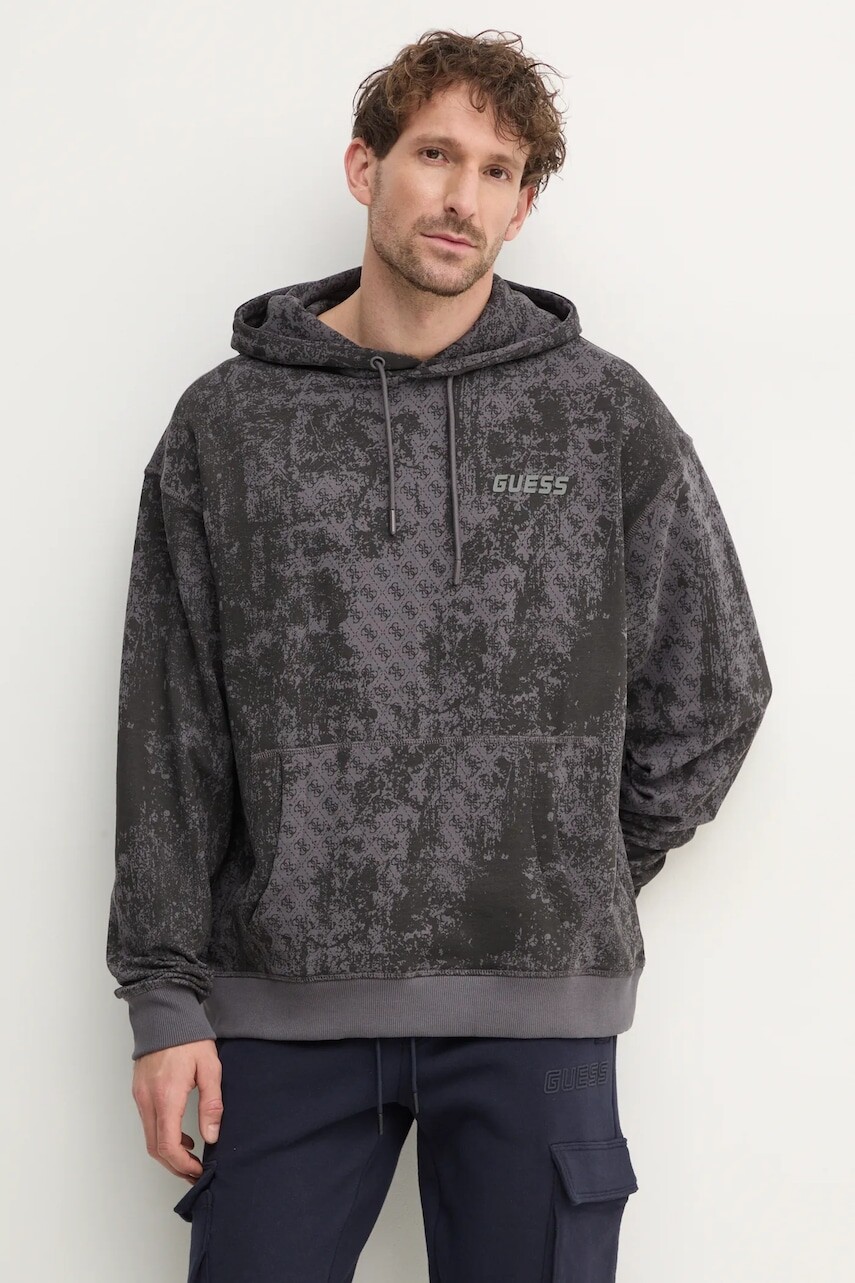 Bavlnená mikina Guess GOTAM pánska, šedá farba, s kapucňou, vzorovaná, Z5RQ16 K9YI1