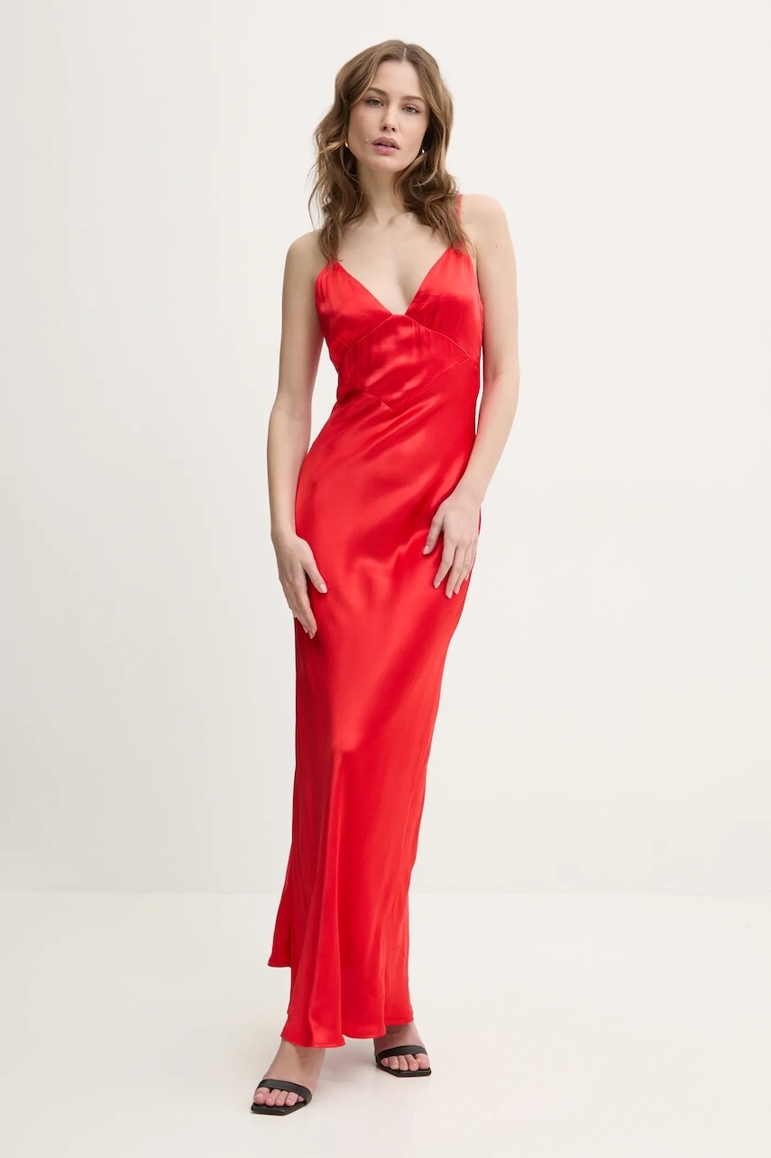 Šaty Bardot červená farba, maxi, rovný strih, 57516DB7