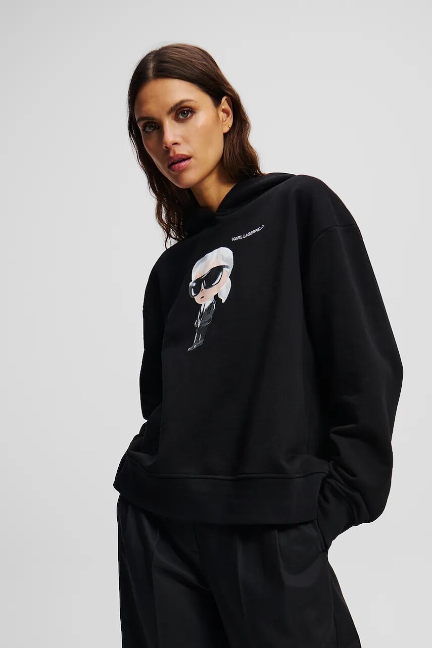 Mikina Karl Lagerfeld IKON dámska, čierna farba, s kapucňou, s potlačou, A1W20083